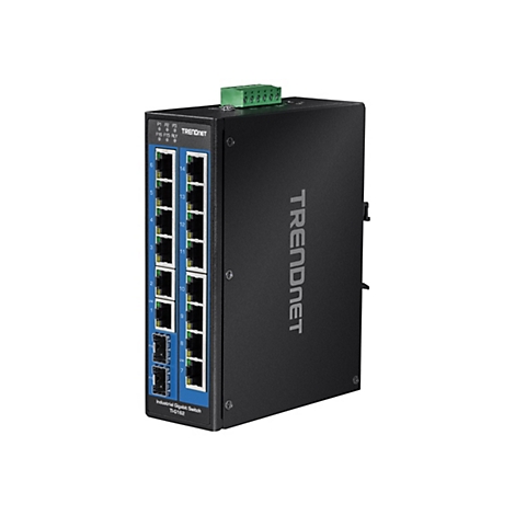 Schwarzer TRENDnet Industrieller Gigabit-Switch mit NetzwerkanschlÃ¼ssen und grÃ¼nem Anschlussblock.