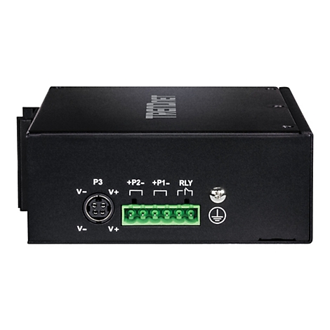 Schwarzes elektronisches GerÃ¤t mit AnschlÃ¼ssen wie P3, +P2, +P1, RLY und Erdungssymbol.