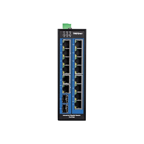Industrieller Gigabit-Switch. Schwarz mit blauen Akzenten, Portnummern und Logo.