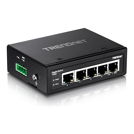 Schwarzer Netzwerk-Switch von Trendnet mit mehreren AnschlÃ¼ssen. Das GerÃ¤t liegt auf einer hellen OberflÃ¤che.