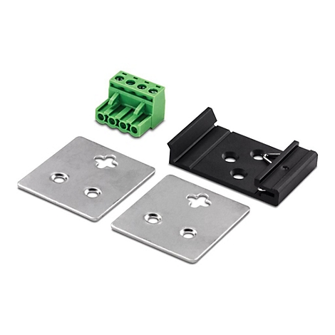 Verschiedene Komponenten fÃ¼r elektrische Verbindungen. Ein grÃ¼ner Klemmenblock, zwei silberne Platten, ein schwarzer Halter.