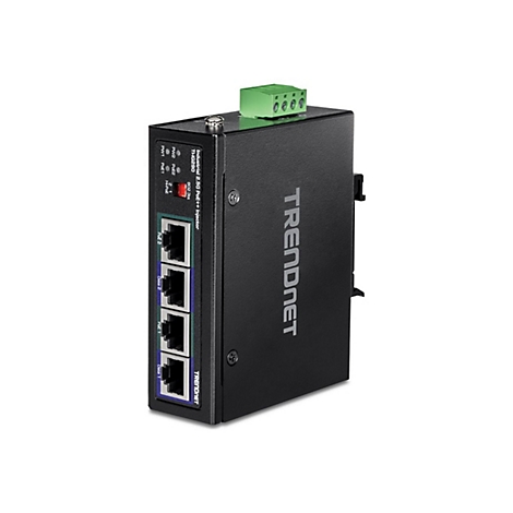 Schwarzer Trendnet-Ethernet-Switch mit AnschlÃ¼ssen und grÃ¼nen Klemmen.