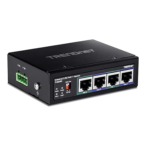 Schwarzer Netzwerk-Switch mit mehreren AnschlÃ¼ssen und der Aufschrift TRENDnet.