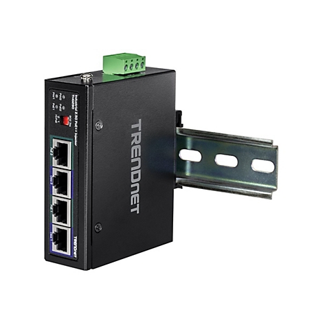 Schwarzer TRENDnet Ethernet-Switch mit AnschlÃ¼ssen, Klemmen und Montageschiene.