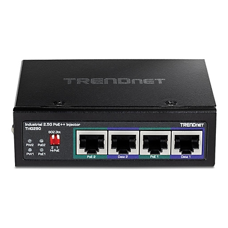Schwarzer TRENDnet PoE++ Injector mit vier AnschlÃ¼ssen. Beschriftung: 'Industrial 2.5G PoE++ Injector THG290'.