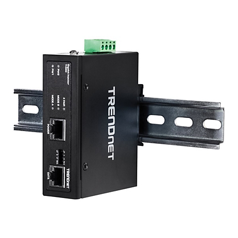 Schwarzer TRENDnet-Industrie-Ethernet-Konverter, montiert auf einer Schiene. Oben grÃ¼ne Anschlussklemmen, darunter zwei RJ45-Ports.