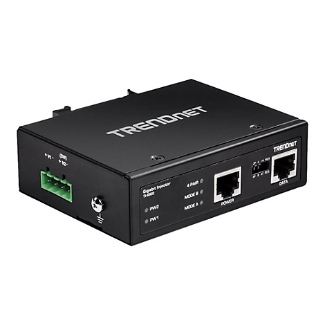Schwarzer TRENDnet Gigabit Injector. Vorderseite mit AnschlÃ¼ssen und Beschriftungen: Power, Data, Modus. RÃ¼ckseite mit Schraubklemmen.