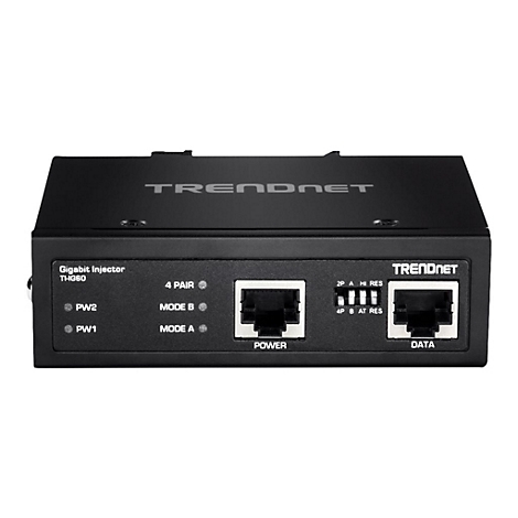 Schwarzer Gigabit Injector mit AnschlÃ¼ssen und Beschriftung. Beschriftungen: TRENDnet, Gigabit Injector, Power, Data, Mode A, B, 4 Pair, PW1, PW2.