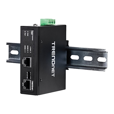 Schwarzer Trendnet-Industrieprodukt mit Ethernet-Ports und grÃ¼nen Klemmen, montiert auf einer Schiene.