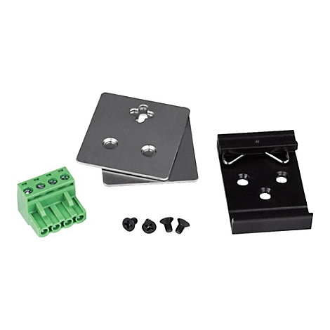 Verschiedene elektronische Komponenten, darunter ein grÃ¼ner Klemmenblock, Metallplatten und schwarze Halterungen.