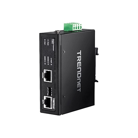 Schwarzer Trendnet Ethernet-Konverter mit zwei RJ45-AnschlÃ¼ssen und grÃ¼nen Anschlussklemmen. Aufschrift: Trendnet.
