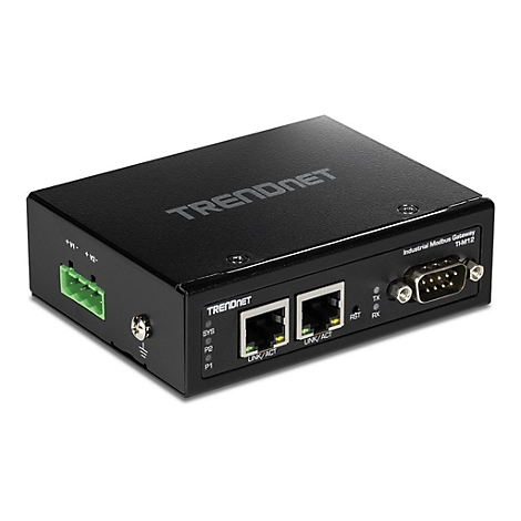 Schwarzes Trendnet Industrial Modbus Gateway TI-M12 mit Netzwerkanschlüssen auf einem weißen Hintergrund.