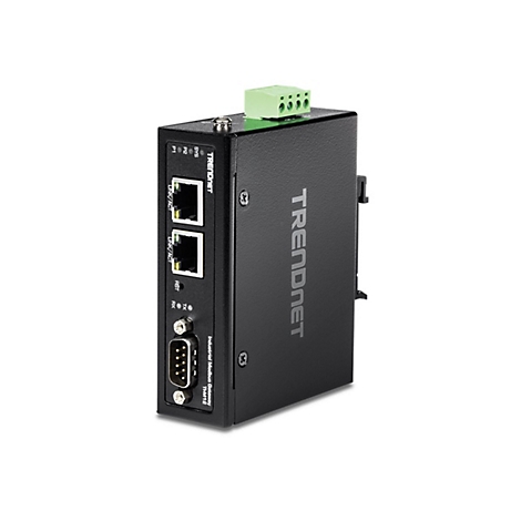 Schwarzes Trendnet Industrial Modbus Gateway mit LAN-Anschlüssen und serieller Schnittstelle auf weißem Grund.