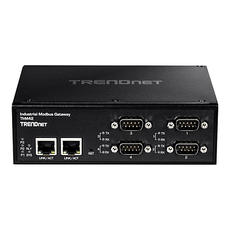 Schwarzer Trendnet Industrial Modbus Gateway TI-M42 mit Ethernet-Ports und seriellen Anschlüssen.