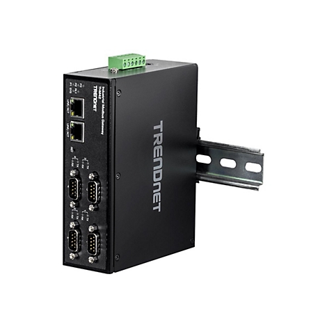 Schwarzer industrieller Trendnet Modbus-Gateway mit Metallgehäuse, Anschlüssen und Hutschiene auf weißem Hintergrund.