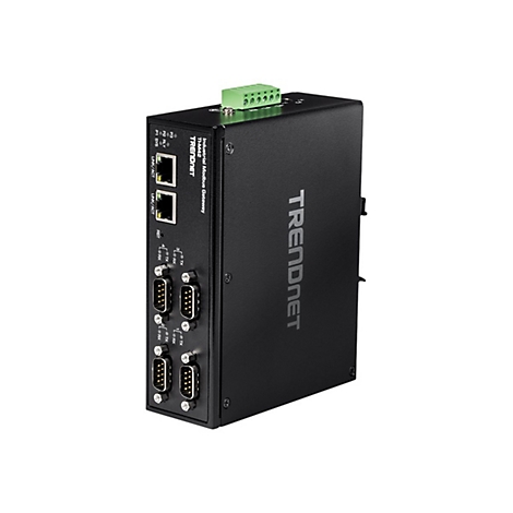 Schwarzes Trendnet Industrial Modbus Gateway TI-M42 mit Ethernet-Anschlüssen und seriellen Schnittstellen.