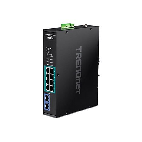 Schwarzer Industrial Gigabit PoE+ Switch TI-PGM102 von TRENDnet mit acht LAN-Ports und zwei SFP-Modulplätzen.