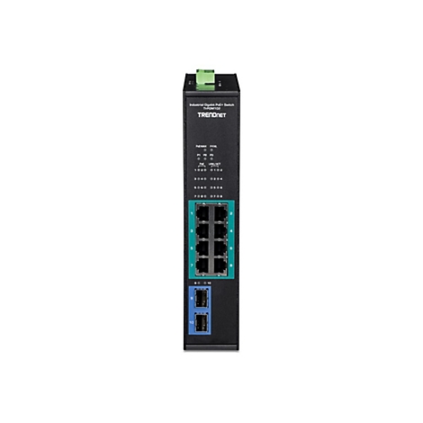 Schwarzer Industrial Gigabit PoE+ Switch TI-PGM102 von TRENDnet mit acht RJ45- und zwei SFP-Ports.