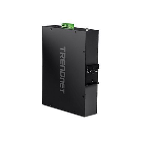 Schwarzes Industrie-Netzteil von TRENDnet mit grüner Anschlussklemme und seitlicher Montagehalterung.