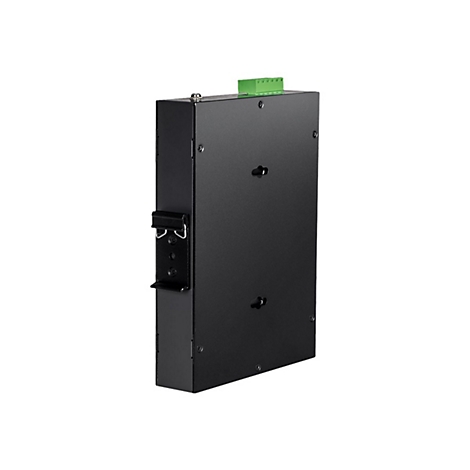 Schwarzes rechteckiges Elektronikgehäuse mit Befestigungsschienen und grünem Steckanschluss vor weißem Hintergrund.