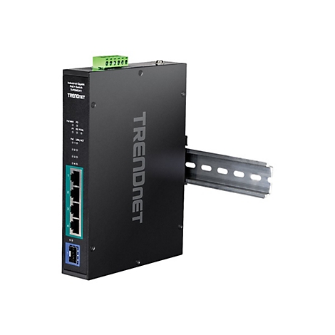 Schwarzer industrieller Gigabit PoE+ Switch von TRENDnet mit Hutschiene vor weißem Hintergrund.