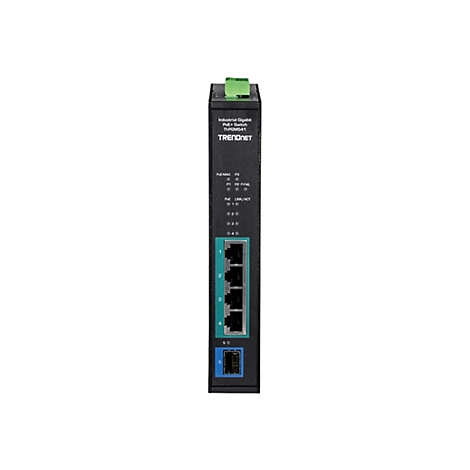 Schwarzer Industrial Gigabit PoE+ Switch TI-PGM541 von TRENDnet mit Ethernet- und Glasfaser-Ports.
