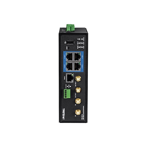 Schwarzer Industrie-WLAN-Zugangspunkt von TRENDnet mit Ethernet-Anschlüssen, Antennenanschlüssen und Status-LEDs.