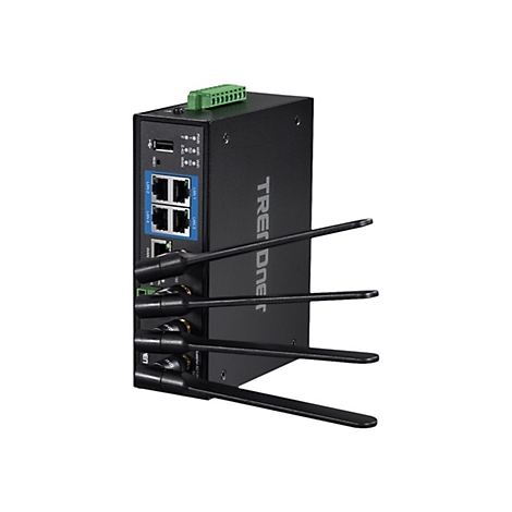 Schwarzer industrieller WLAN-Router mit vier Antennen und LAN-Anschlüssen vor weißem Hintergrund.