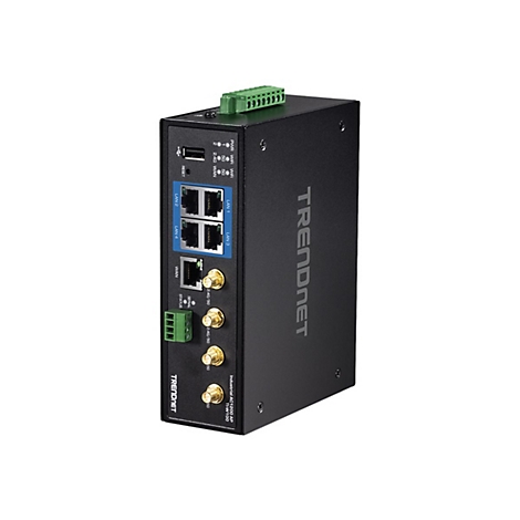 Schwarzer industrieller TRENDnet AC1200 Access Point TI-W100 mit Anschlüssen auf weißem Hintergrund.