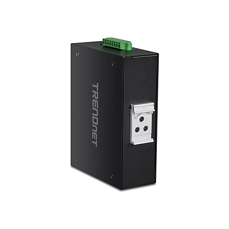 Schwarzes Trendnet Industrie-Netzteil in Metallgehäuse mit Hutschiene-Halterung und grünem Anschlussblock.