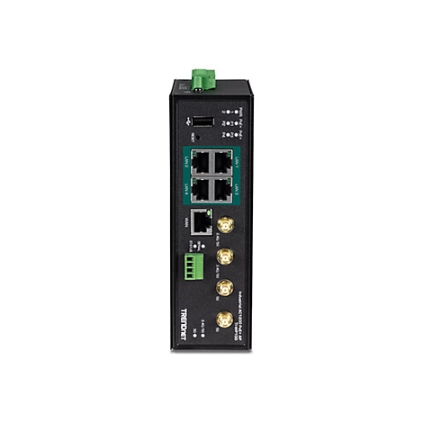 Industrieller TRENDnet AC1200 PoE+ Access Point mit LAN- und WAN-Anschlüssen sowie WLAN-Antennenanschlüssen.