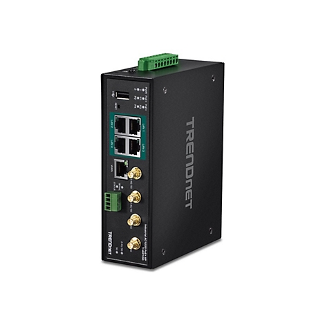 Schwarzer industrieller TRENDnet AC1200 PoE+ Access Point mit LAN-Anschlüssen, Antennenanschlüssen und grünem Klemmblock.