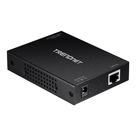 Schwarzer TRENDnet-Ethernet-Konverter, Kabelanschluss, Text und Produktbezeichnung. Rechteckiges Design, Perspektive.
