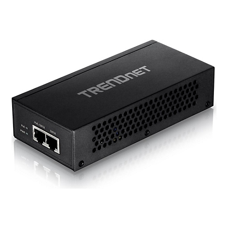 Schwarzer TRENDnet PoE-Adapter. Zwei EingÃ¤nge, POE IN und DATA. LÃ¼ftungslÃ¶cher an der Seite.