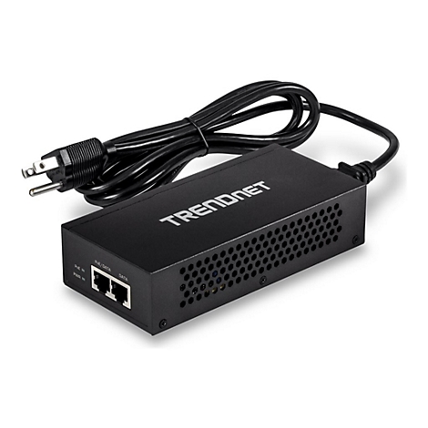 Schwarzes TRENDnet-Netzteil mit Stromkabel und zwei Ethernet-AnschlÃ¼ssen.