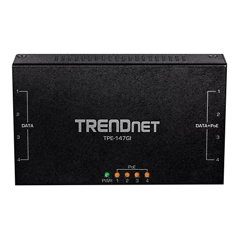 Schwarzer TRENDnet TPE-147GI PoE-Switch. Mit AnschlÃ¼ssen, LED-Leuchten und Beschriftung.