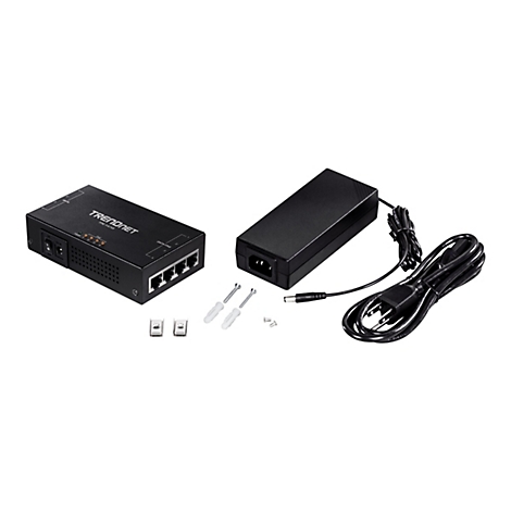 Schwarzer Netzwerk-Switch mit Netzteil, Schrauben und DÃ¼beln.