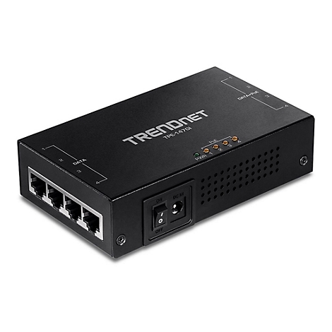 Schwarzer Trendnet-Ethernet-Switch. Das GerÃ¤t besitzt AnschlÃ¼sse, einen Ein-/Ausschalter und Kontrollleuchten.
