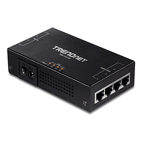Schwarzer Trendnet Switch. Aufschrift: TRENDnet TPE-T470R, mit 4 LAN-AnschlÃ¼ssen und Power-Port.