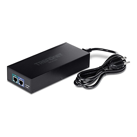 Schwarzer Netzwerk-Switch mit Kabel und Stecker. Links zwei Buchsen, rechts der Schriftzug TRENDnet.
