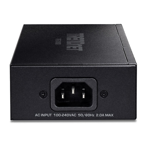Nahaufnahme des RÃ¼ckseitenanschlusses eines schwarzen elektronischen GerÃ¤ts. Aufgedruckter Text, AC INPUT 100-240VAC 50/60Hz 2.0A MAX.