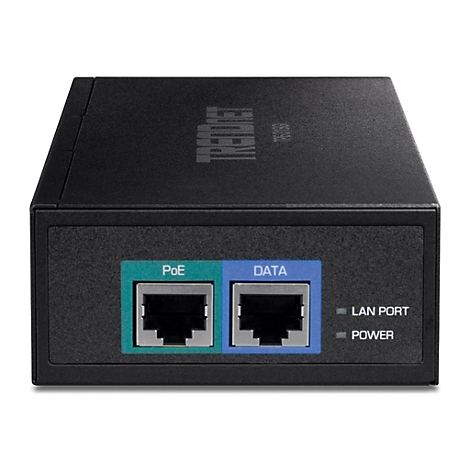 Schwarzer PoE-Adapter. Zwei Ports mit Aufschriften: PoE und DATA. Beschriftung LAN PORT und POWER daneben.