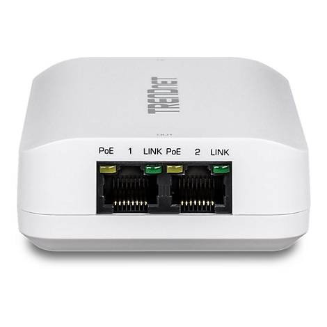 Weißer TRENDnet Netzwerk-Extender mit zwei RJ45-Ports und LED-Anzeigen für PoE und Link auf weißem Hintergrund.