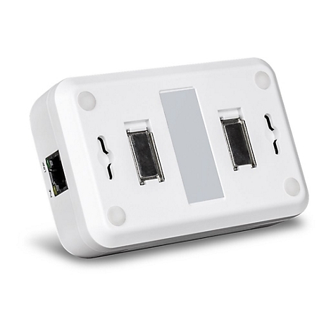 Weiße Rückseite eines Netzwerkgeräts mit zwei Metallschienen, Montageöffnungen und einem Ethernet-Anschluss.