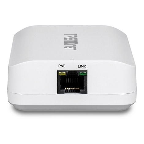 Weißer TRENDnet Netzwerk-Adapter mit zentralem Ethernet-Port und zwei Status-LEDs vor neutralem Hintergrund.