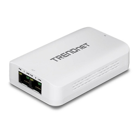 Weißer Trendnet PoE-Extender mit zwei RJ45-Ports und LED-Anzeigen auf weißem Hintergrund.