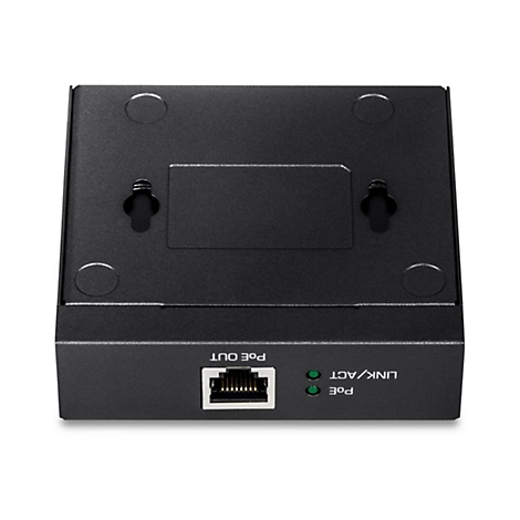 Schwarzes elektronisches GerÃ¤t mit AnschlÃ¼ssen und LEDs. Beschriftung: POE OUT, LINK/ACT, POE.