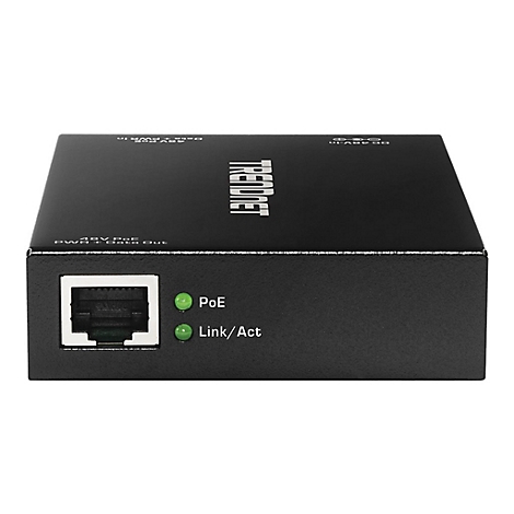Schwarzer PoE-Injektor mit Ethernet-Port, grÃ¼nen LEDs und SchriftzÃ¼gen.