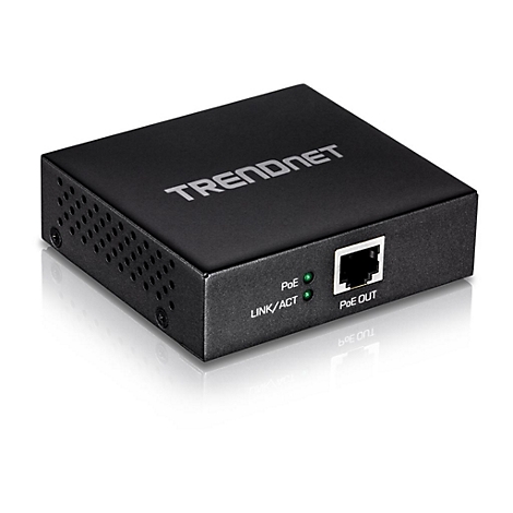 Schwarzer Trendnet PoE-Adapter mit Beschriftung, zwei grÃ¼nen LEDs, PoE-Ausgang und Netzwerkanschluss.