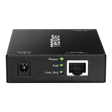 Schwarzer Netzwerk-Switch mit AnschlÃ¼ssen und LEDs. Oben steht TRENDnet.